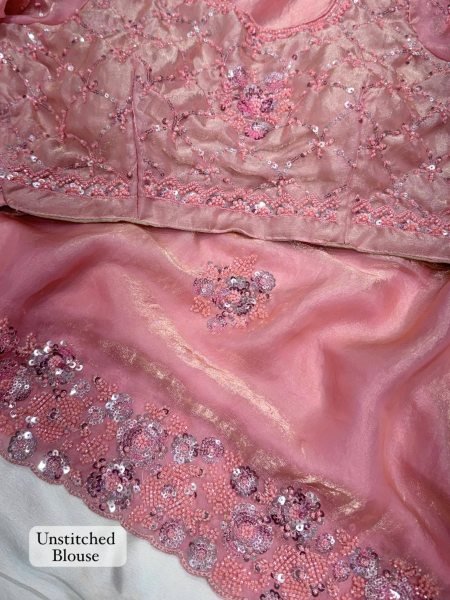 Bohemian Pink Fandy Satin Saree with Heavy Beads Sequins Work and Cutwork Border Designer Wedding Sarees Wholesale