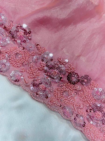 Bohemian Pink Fandy Satin Saree with Heavy Beads Sequins Work and Cutwork Border Designer Wedding Sarees Wholesale
