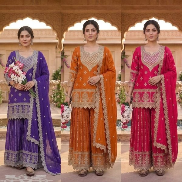 Bohemian Pink Heavy Embroidered Kurta Sharara Set with Zari Work  Ready To Wear Collection