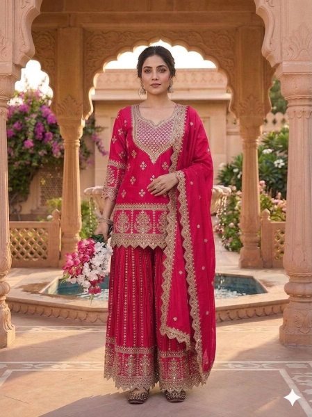 Bohemian Pink Heavy Embroidered Kurta Sharara Set with Zari Work  Ready To Wear Collection