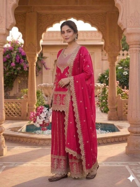 Bohemian Pink Heavy Embroidered Kurta Sharara Set with Zari Work  Ready To Wear Collection