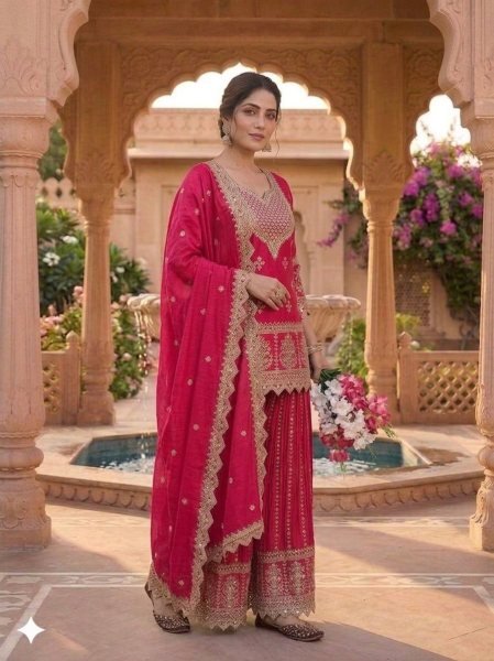 Bohemian Pink Heavy Embroidered Kurta Sharara Set with Zari Work  Ready To Wear Collection
