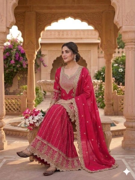 Bohemian Pink Heavy Embroidered Kurta Sharara Set with Zari Work  Ready To Wear Collection