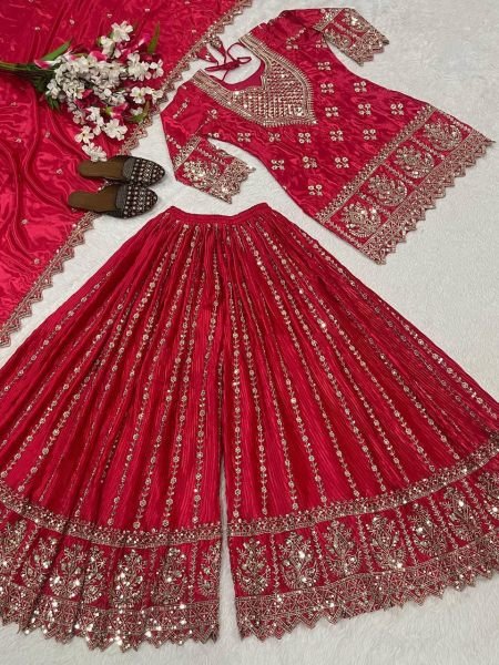 Bohemian Pink Heavy Embroidered Kurta Sharara Set with Zari Work  Ready To Wear Collection