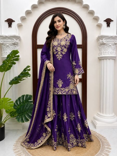 Bohemian Purple Chinon Silk Palazzo Suit with Thread and Sequence Work For Women Ready To Wear Suit