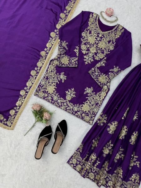 Bohemian Purple Chinon Silk Palazzo Suit with Thread and Sequence Work For Women Ready To Wear Collection