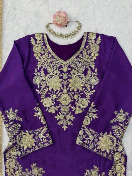Bohemian Purple Chinon Silk Palazzo Suit with Thread and Sequence Work For Women Ready To Wear Collection
