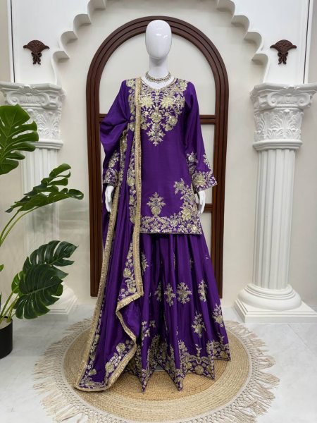 Bohemian Purple Chinon Silk Palazzo Suit with Thread and Sequence Work For Women Ready To Wear Collection