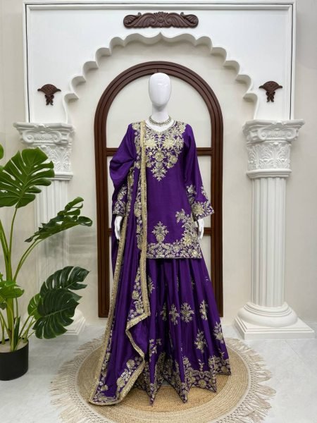 Bohemian Purple Chinon Silk Palazzo Suit with Thread and Sequence Work For Women Ready To Wear Collection
