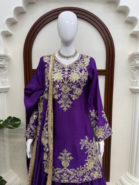 Bohemian Purple Chinon Silk Palazzo Suit with Thread and Sequence Work For Women Ready To Wear Collection