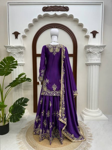 Bohemian Purple Chinon Silk Palazzo Suit with Thread and Sequence Work For Women Ready To Wear Collection