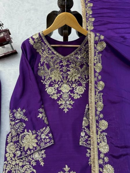 Bohemian Purple Chinon Silk Palazzo Suit with Thread and Sequence Work For Women Ready To Wear Collection