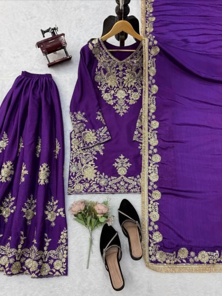 Bohemian Purple Chinon Silk Palazzo Suit with Thread and Sequence Work For Women Ready To Wear Collection