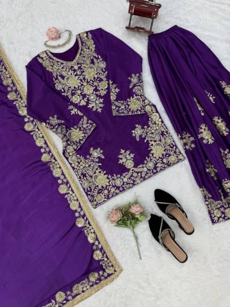 Bohemian Purple Chinon Silk Palazzo Suit with Thread and Sequence Work For Women Ready To Wear Collection