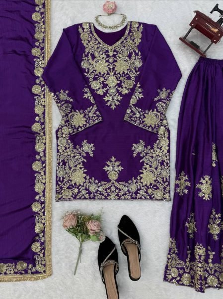 Bohemian Purple Chinon Silk Palazzo Suit with Thread and Sequence Work For Women Ready To Wear Collection