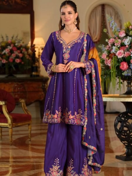 Bohemian Purple Designer Stitched Fox Georgette Lehenga with Canvas Patta Salwar Kameez
