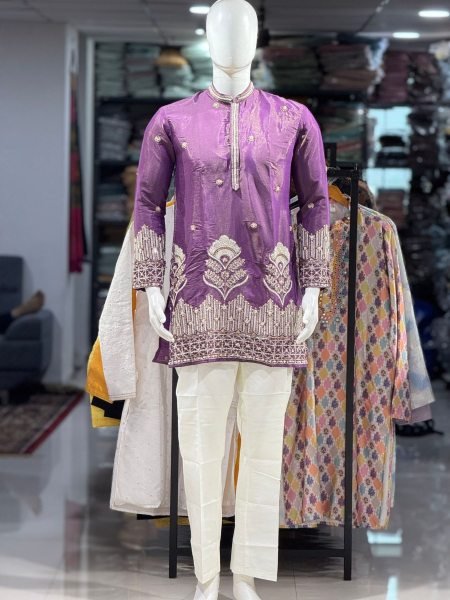 Bohemian Purple Festive Wear Men's Shimmer Kurta Bootcut Pant with Cotton Inner 