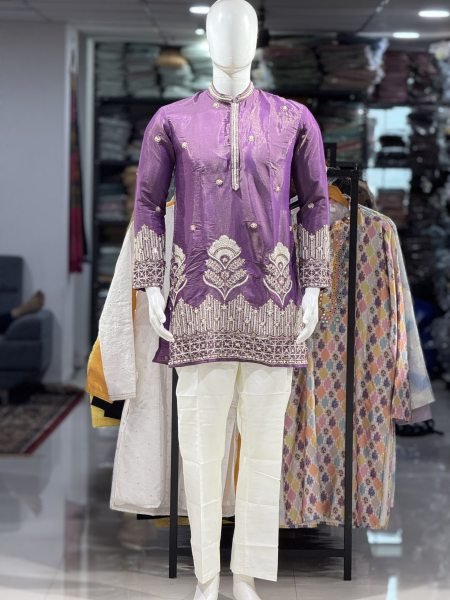 Bohemian Purple Festive Wear Men's Shimmer Kurta Bootcut Pant with Cotton Inner Kurta Pajama Wholesale