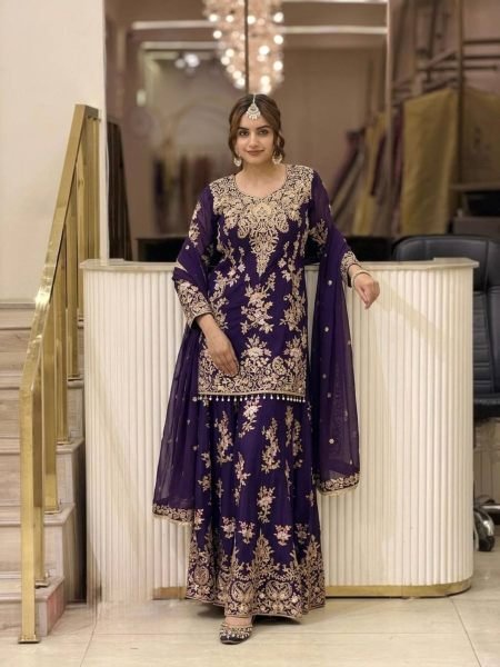 Bohemian Purple Heavy Embroidered Faux Georgette Top with Fancy Latkan Border at Wholesale Rate 