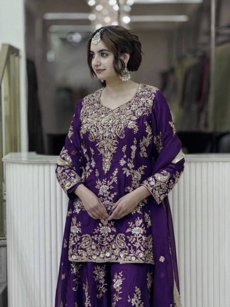 Bohemian Purple Heavy Embroidered Faux Georgette Top with Fancy Latkan Border at Wholesale Rate Ready To Wear Collection