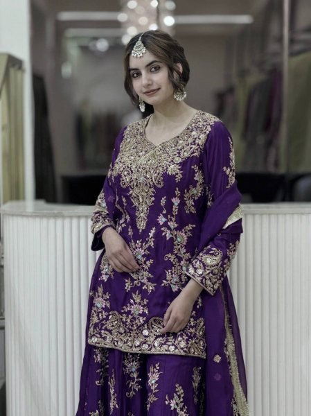 Bohemian Purple Heavy Embroidered Faux Georgette Top with Fancy Latkan Border at Wholesale Rate Ready To Wear Collection