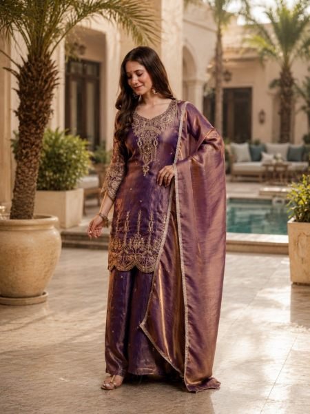 Bohemian Purple Party Wear Fendy Embroidered Kurti with Wide Leg Ghaghra Palazzo 