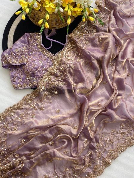 Bohemian Purple Pure Fandy Satin Silk Saree with Handwork and Cutwork Border Silk Sarees Wholesale