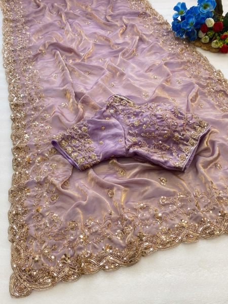 Bohemian Purple Pure Fandy Satin Silk Saree with Handwork and Cutwork Border Silk Sarees Wholesale