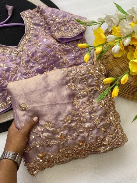 Bohemian Purple Pure Fandy Satin Silk Saree with Handwork and Cutwork Border Silk Sarees Wholesale
