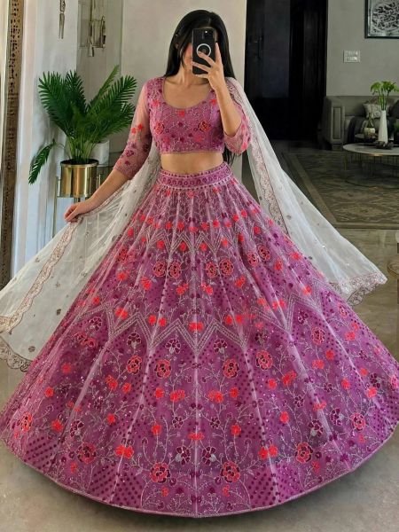 Bohemian Purple Semi-Stitched Butterfly Net Lehenga Choli with Embroidered Dupatta 
