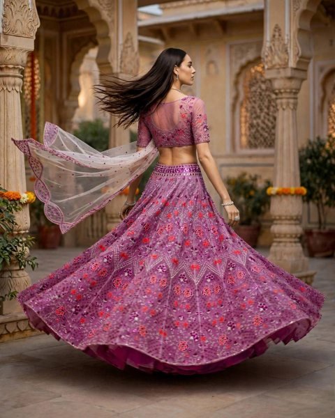 Bohemian Purple Semi-Stitched Butterfly Net Lehenga Choli with Embroidered Dupatta Designer Lehenga Choli