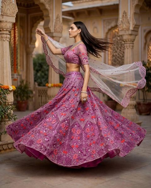 Bohemian Purple Semi-Stitched Butterfly Net Lehenga Choli with Embroidered Dupatta Designer Lehenga Choli