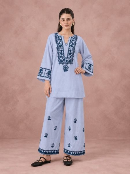 Dynamic Purple Stylish Cotton Flex Embroidered Top and Bottom Co Ord for Wholesale Rate Kurtis