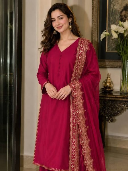 Bohemian Rani Pink Crepe Silk  Suit for Women with Heavy Sequence Embroidery and Zari Work 
