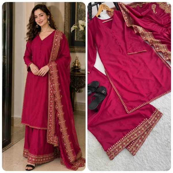 Bohemian Rani Pink Crepe Silk  Suit for Women with Heavy Sequence Embroidery and Zari Work Ready To Wear Collection