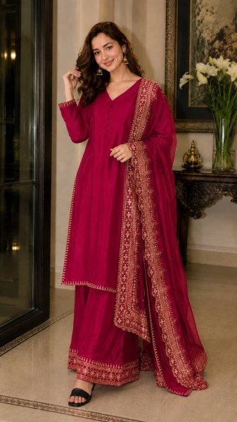 Bohemian Rani Pink Crepe Silk  Suit for Women with Heavy Sequence Embroidery and Zari Work Ready To Wear Collection
