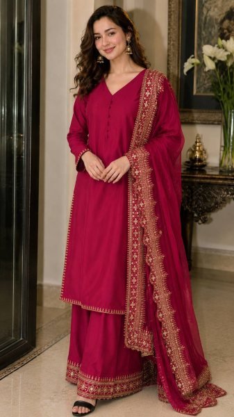 Bohemian Rani Pink Crepe Silk  Suit for Women with Heavy Sequence Embroidery and Zari Work Ready To Wear Collection