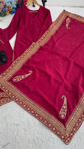 Bohemian Rani Pink Crepe Silk  Suit for Women with Heavy Sequence Embroidery and Zari Work Ready To Wear Collection
