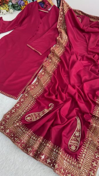 Bohemian Rani Pink Crepe Silk  Suit for Women with Heavy Sequence Embroidery and Zari Work Ready To Wear Collection
