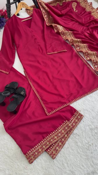 Bohemian Rani Pink Crepe Silk  Suit for Women with Heavy Sequence Embroidery and Zari Work Ready To Wear Collection