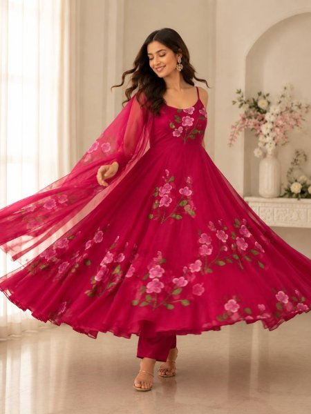 Bohemian Rani Pink Georgette Anarkali Suit Set with Buttersilk Pant and Kodi Lace Dupatta with Handpainted  Ready To Wear Collection