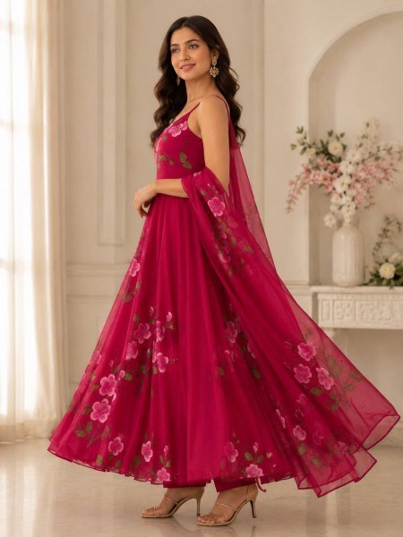 Bohemian Rani Pink Georgette Anarkali Suit Set with Buttersilk Pant and Kodi Lace Dupatta with Handpainted  Ready To Wear Collection
