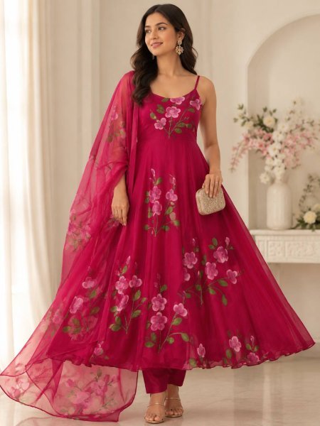 Bohemian Rani Pink Georgette Anarkali Suit Set with Buttersilk Pant and Kodi Lace Dupatta with Handpainted  Ready To Wear Collection