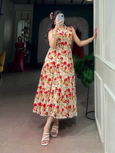 Bohemian Red Brunch Wear Maslin Silk Dress with Beautiful Floral Prints at Manufacturer  Western Ladies Top Wholesale