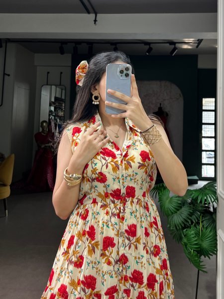Bohemian Red Brunch Wear Maslin Silk Dress with Beautiful Floral Prints at Manufacturer  Western Ladies Top Wholesale
