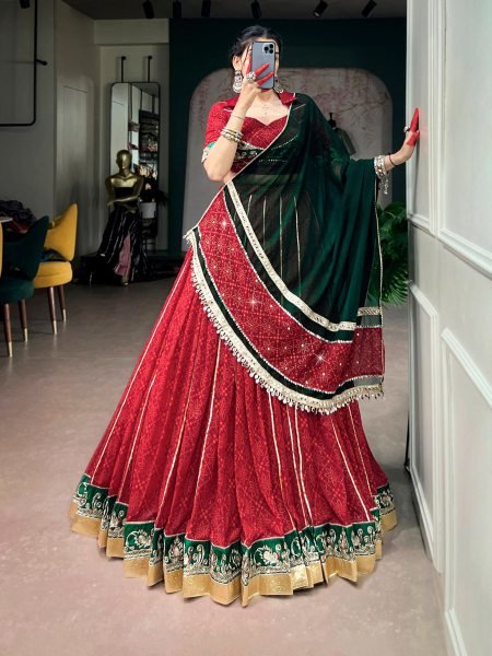 Bohemian Red Designer Georgette Bandhej Foil Print Lehenga Choli with Gota Patti Lace Work Shop by Occasion