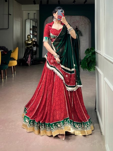 Bohemian Red Designer Georgette Bandhej Foil Print Lehenga Choli with Gota Patti Lace Work Navratri Lehnega Choli