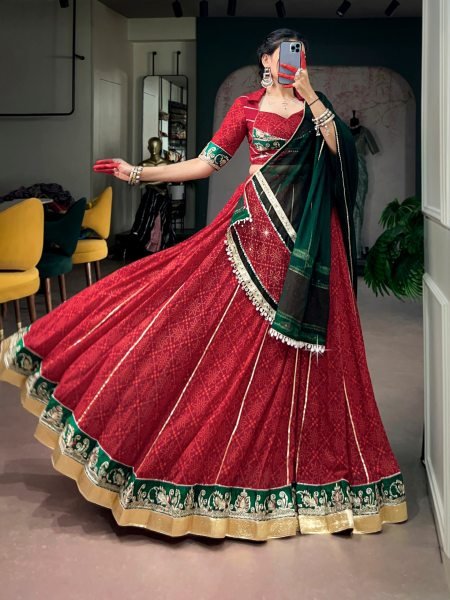 Bohemian Red Designer Georgette Bandhej Foil Print Lehenga Choli with Gota Patti Lace Work Navratri Lehnega Choli