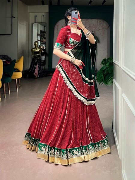 Bohemian Red Designer Georgette Bandhej Foil Print Lehenga Choli with Gota Patti Lace Work Navratri Lehnega Choli