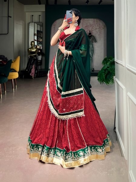 Bohemian Red Designer Georgette Bandhej Foil Print Lehenga Choli with Gota Patti Lace Work Navratri Lehnega Choli